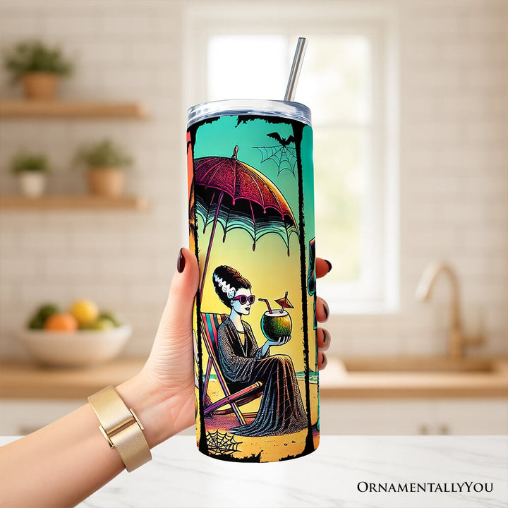 Frankenstein's Summer Beach Vacation 20oz Personalized Tumbler With Lid and Stainless Steel Straw, Retro Horror Neon Surf Gift Cup Tumbler OrnamentallyYou 
