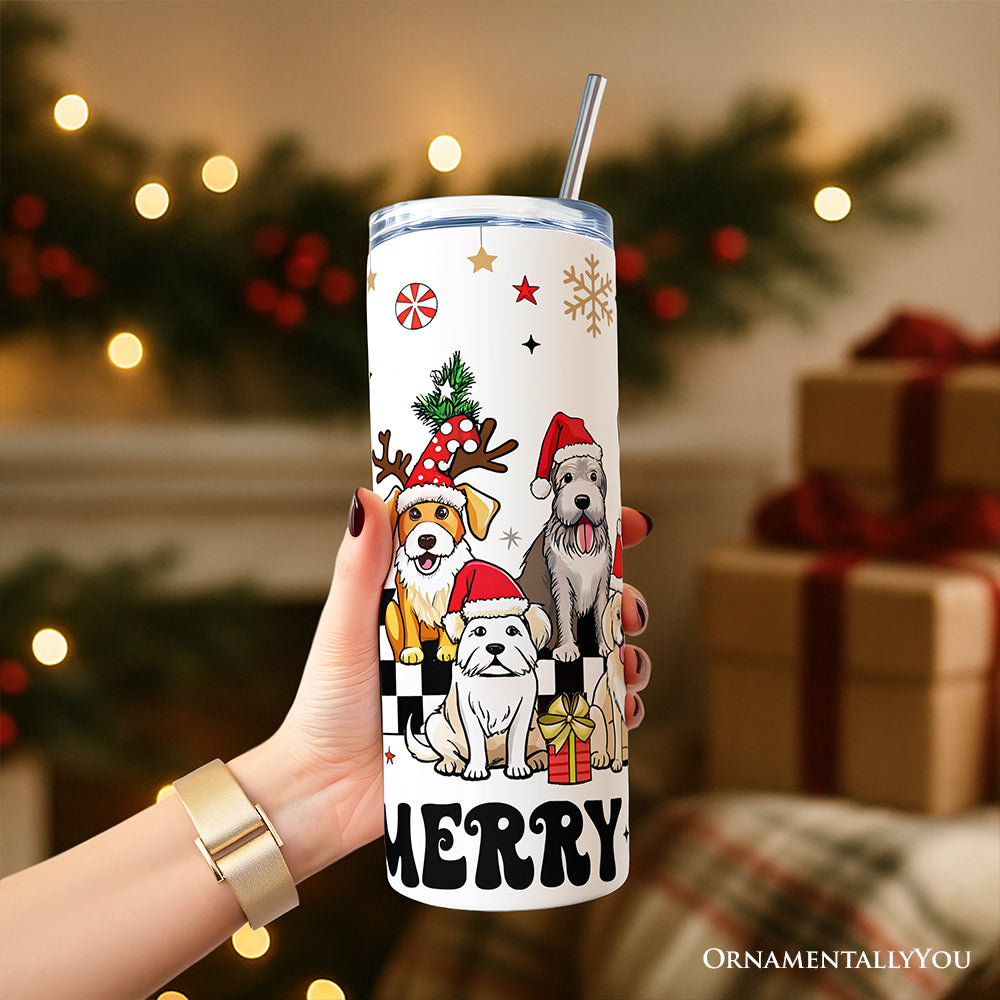 Funny Merry Woofmas 20oz Personalized Tumbler With Lid and Stainless Steel Straw, Dogs With Santa Hats Christmas Gift Cup