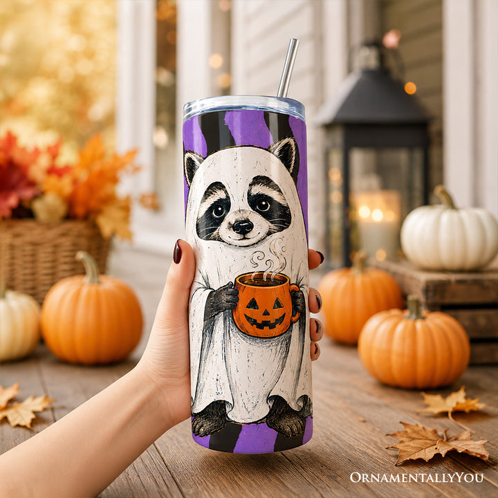 Ghost Costume Raccoon 20oz Personalized Tumbler With Lid and Stainless Steel Straw, Halloween Pumpkin Coffee Mug Gift Cup