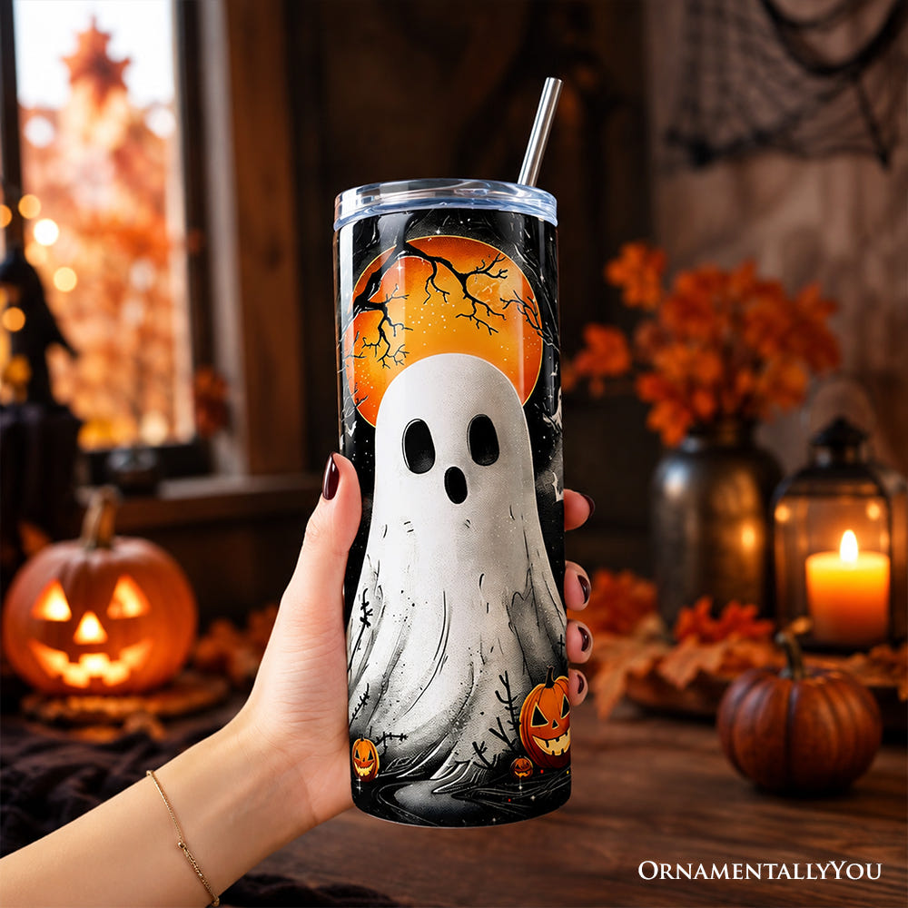 Ghost Night Halloween 20oz Personalized Tumbler With Lid and Stainless Steel Straw, Spooky Horror Gift Cup