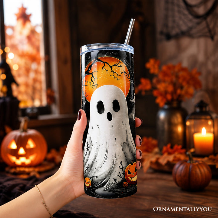 Ghost Night Halloween 20oz Personalized Tumbler With Lid and Stainless Steel Straw, Spooky Horror Gift Cup