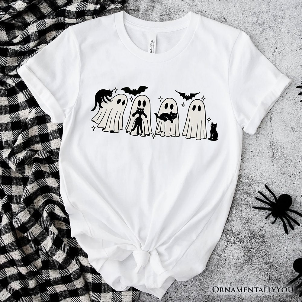 Ghosts and Cats Spooky T-Shirt, Whimsical Halloween Tee for Cozy Autumn Season T-Shirts OrnamentallyYou White XS 