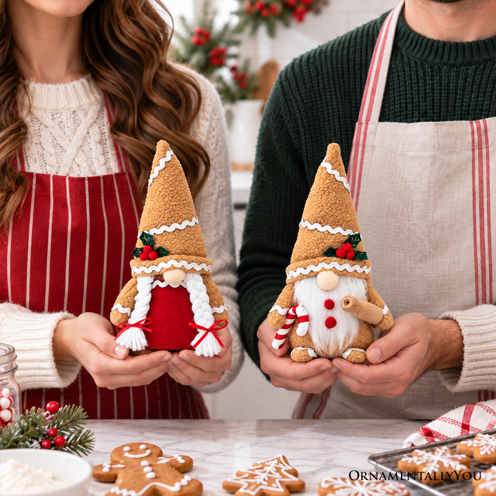Gingerbread Christmas Plush Gnome Set of 2, Holiday 10.5" Baking Decor with Rolling Pin and Candy Cane