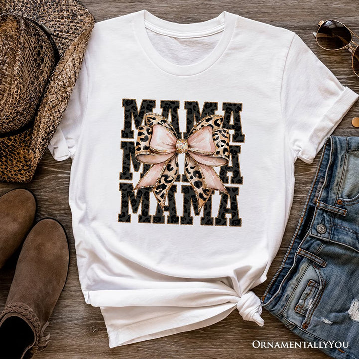 Glitter Leopard Mama T-Shirt, Coquette Bow Tee for Glam and Trendy Mothers T-Shirts OrnamentallyYou White XS 