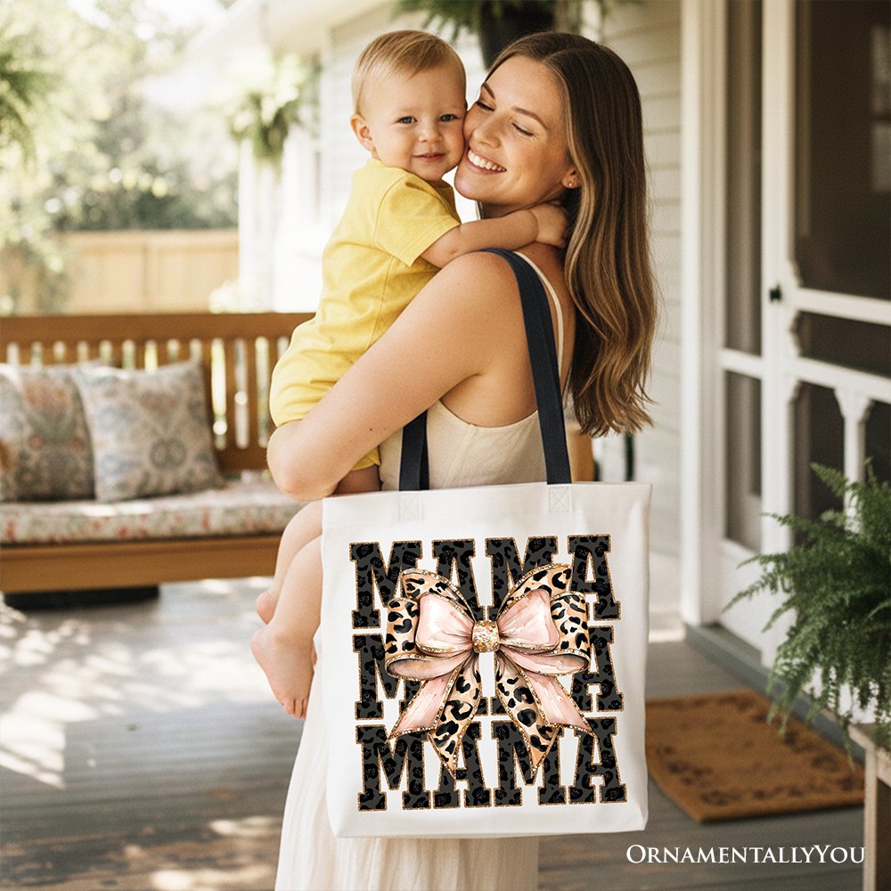 Glitter Leopard Mama Tote Bag, Coquette Bow Gift Shopper for Glam and Trendy Mothers Tote Bag OrnamentallyYou 
