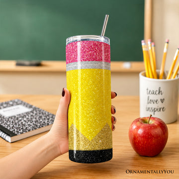 Glitter Pencil Design 20oz Personalized Tumbler With Lid and Stainless Steel Straw, School Teacher Gift Cup