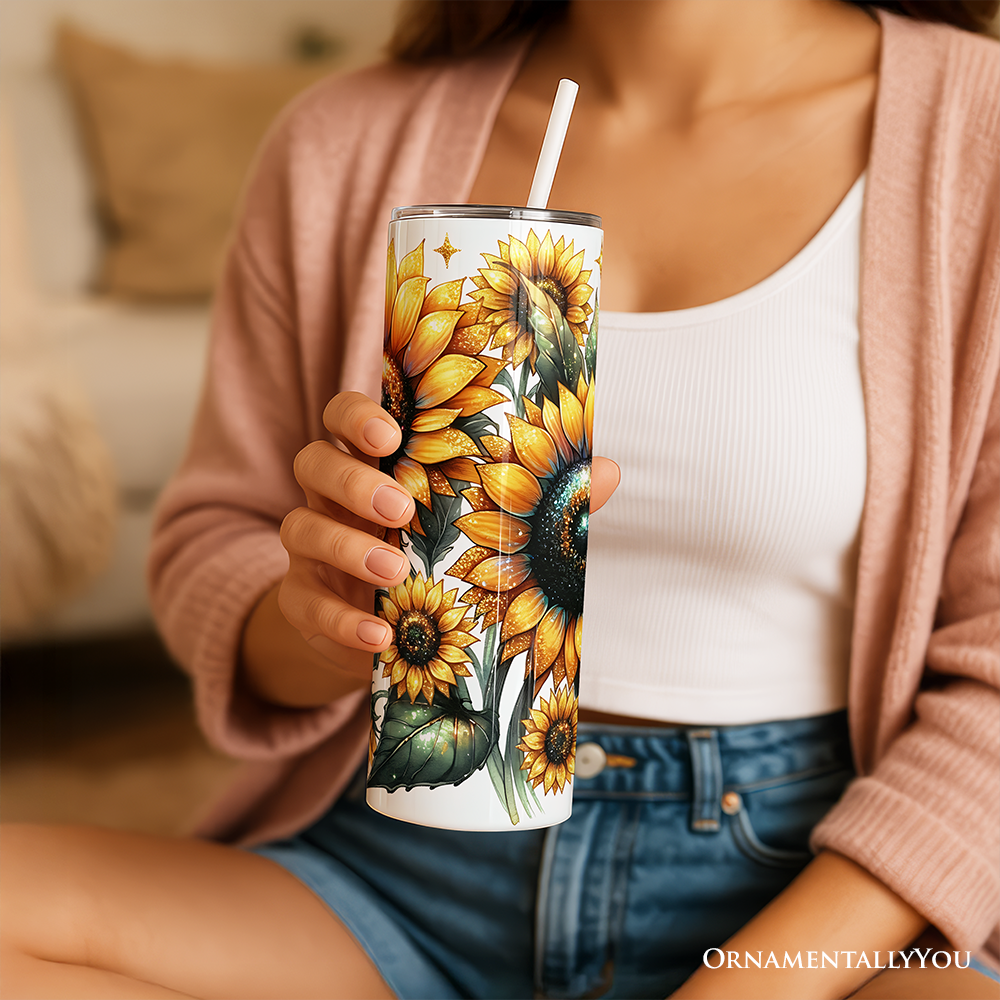 Glittered Sunflower Pattern 20oz Personalized Tumbler With Lid and Stainless Steel Straw, Yellow Summer Flowers Travel Mug Gift