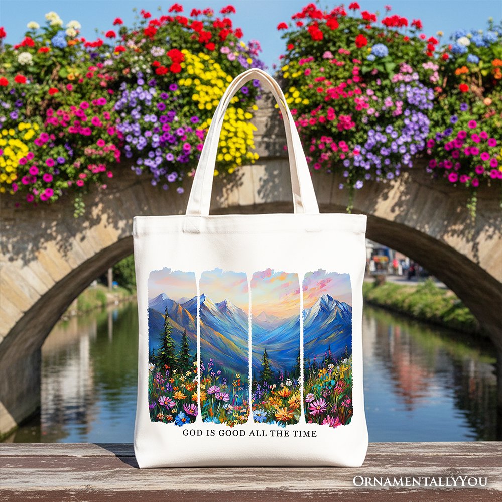 God Is Good All the Time Mountain Christian Canvas Tote Bag, Wildflower Brushstroke Bible Verse Faith Gift Shopper Tote Bag OrnamentallyYou White 