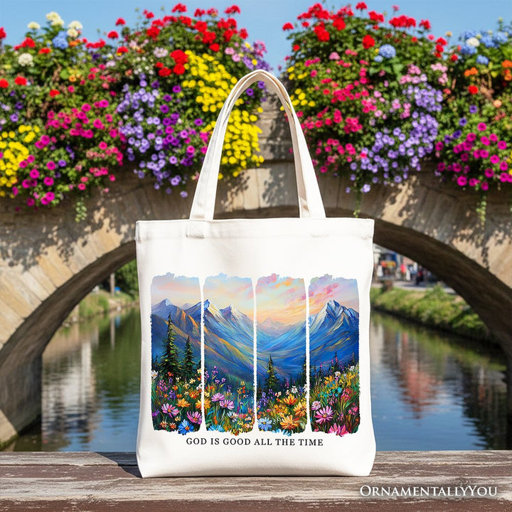 God Is Good All the Time Mountain Christian Canvas Tote Bag, Wildflower Brushstroke Bible Verse Faith Gift Shopper Tote Bag OrnamentallyYou White 