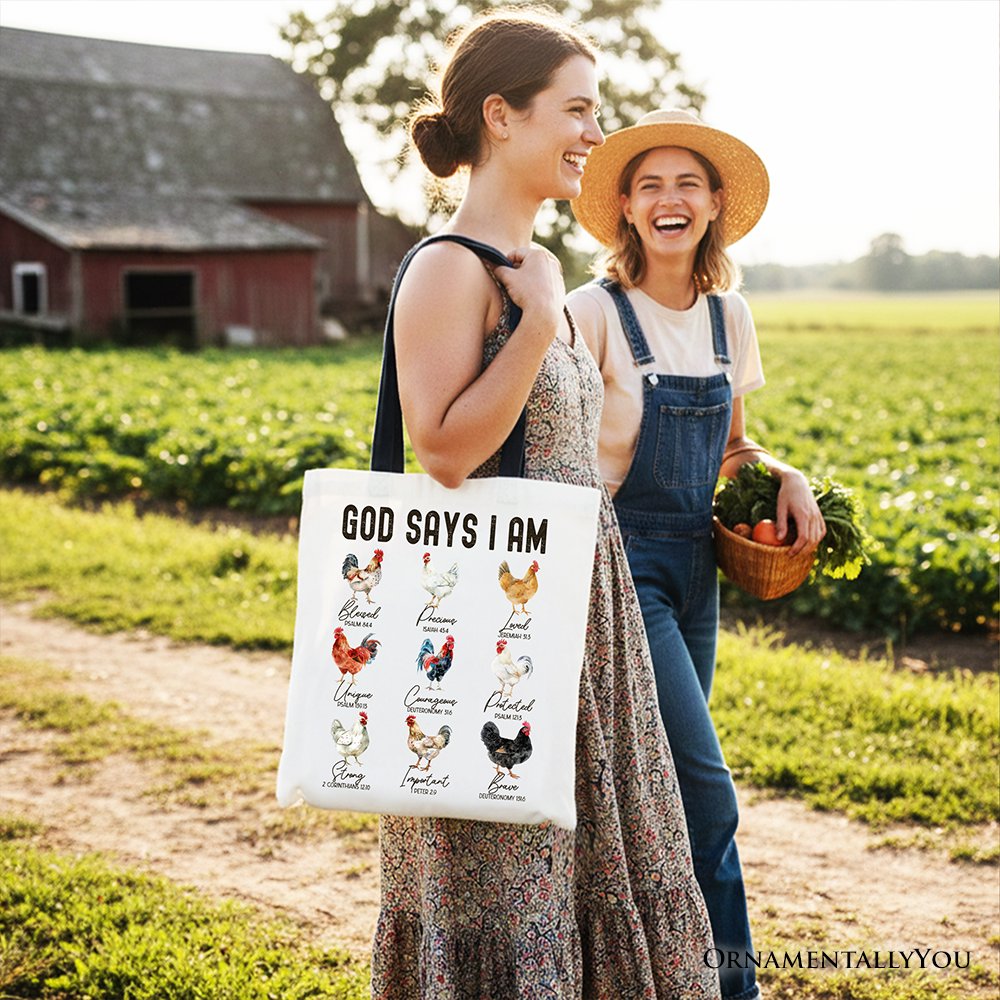 God Says I Am Christian Tote Bag, Rooster and Chicken Gift Shopper for Farm Style Lovers Tote Bag OrnamentallyYou 