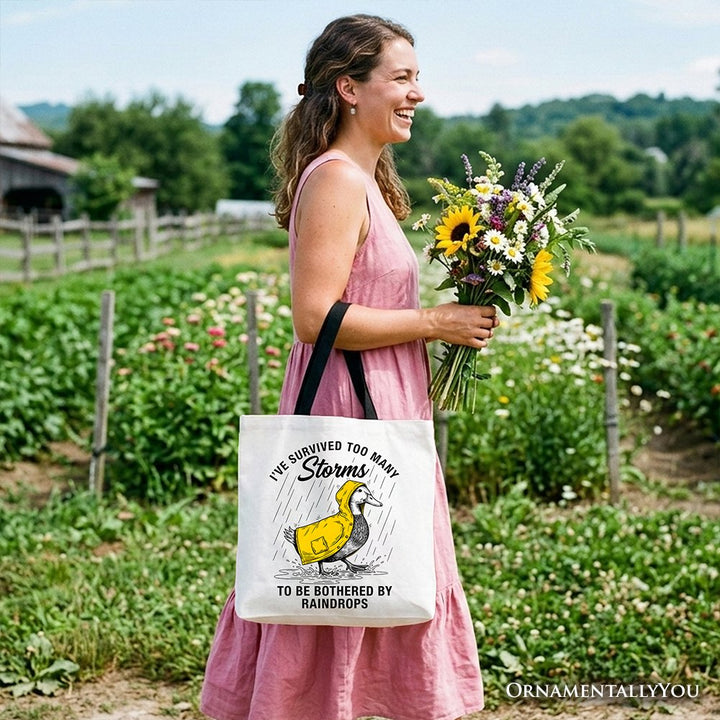Goose Motivational Tote Bag, Survived Too Many Storms Funny Quote Gift Shopper Tote Bag OrnamentallyYou 