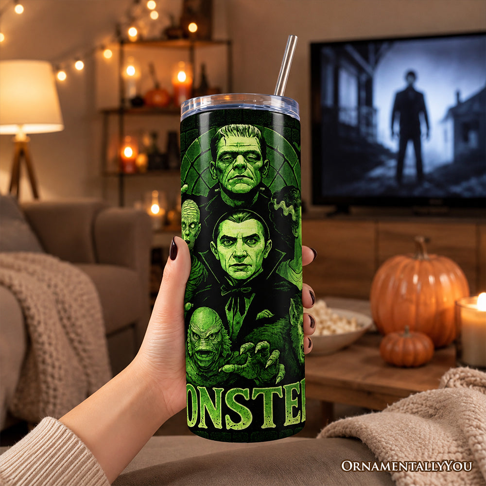 Green Retro Monsters 20oz Personalized Tumbler With Lid and Stainless Steel Straw, Vintage Classic Horror Halloween Gift Cup