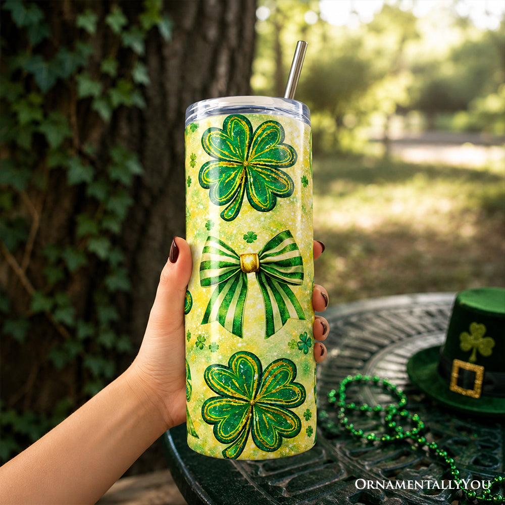 Green Shamrock Bow Pattern 20oz Personalized Tumbler With Lid and Stainless Steel Straw, Coquette St Patrick Gift Cup