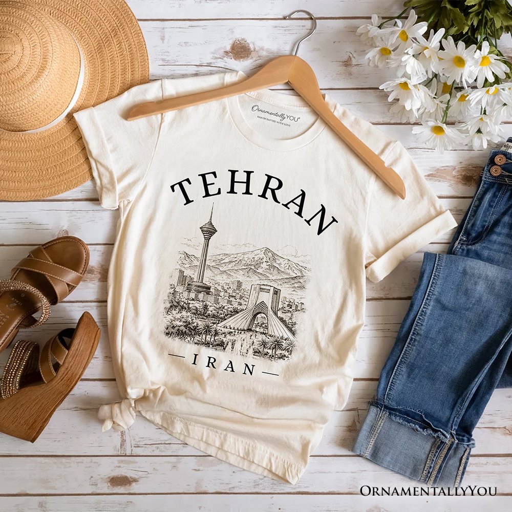 Hand-sketch Tehran Cityscape T-Shirt, Iran Landmarks Azadi and Milad Tower Tee T-Shirts OrnamentallyYou Natural XS 
