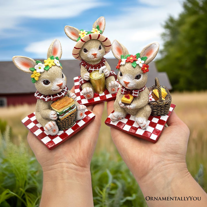 Joyful Picnic Gathering Bunny Trio Set of Three Figurines, Spring Rabbit Statue 4.5" Decor Resin Statues OrnamentallyYou 