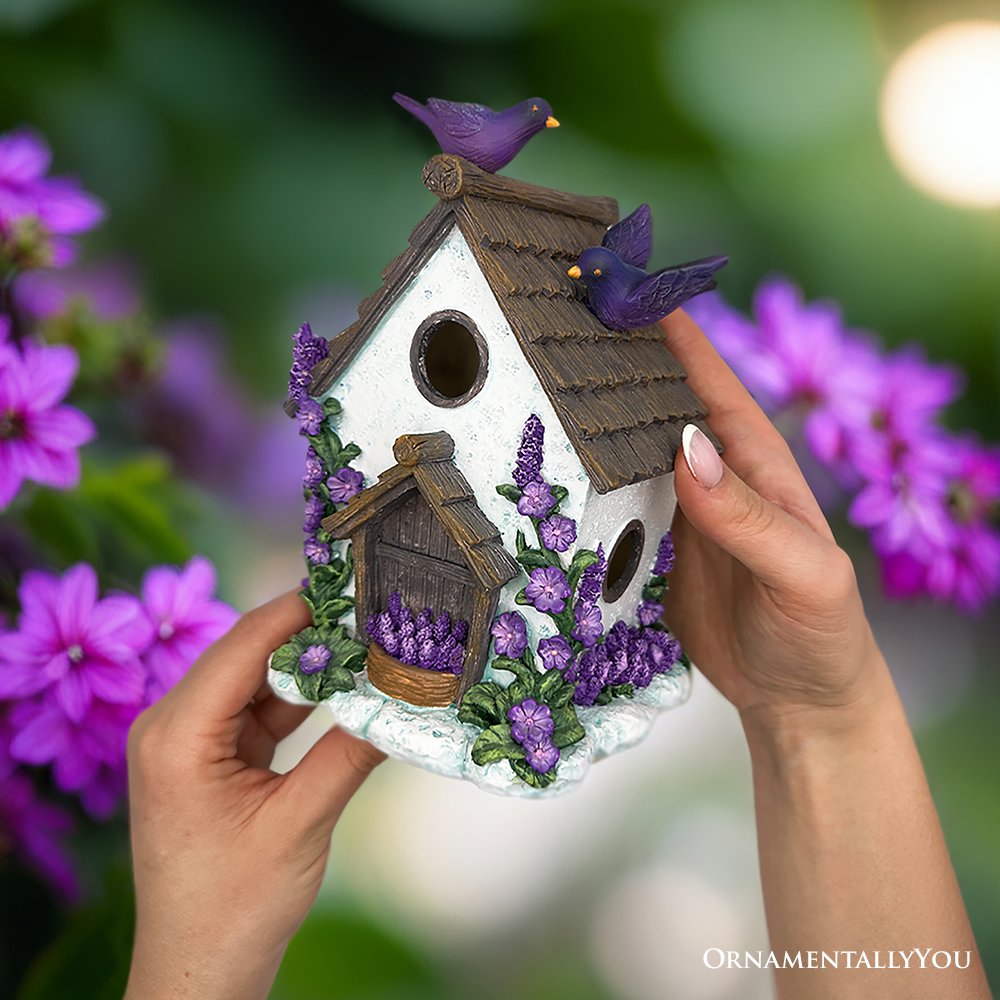 lavender flower fairy ornament Lovely Floral Lavender Bird House Figurine, 7" Novelty Cottage Garden Decor, OrnamentallyYou