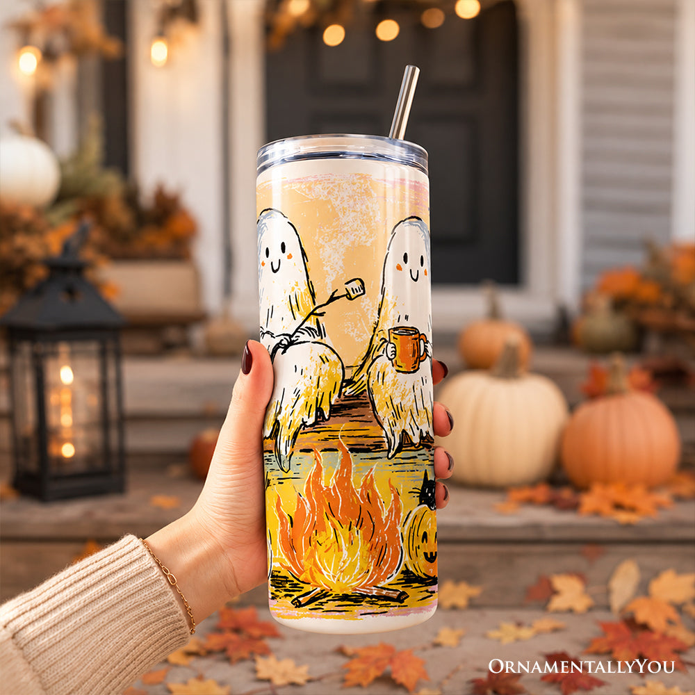 Handdrawn Camping Boo Ghost 20oz Personalized Tumbler With Lid and Stainless Steel Straw, Cozy Autumn Halloween Gift Cup