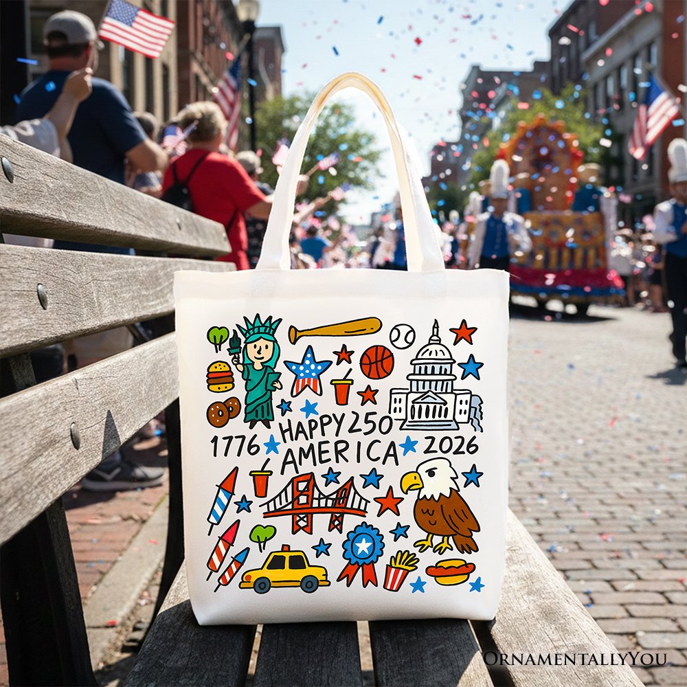 Happy 250 America Doodle Tote Bag, Patriotic USA 1776-2026 250th Anniversary Gift Shopper Tote Bag OrnamentallyYou White 