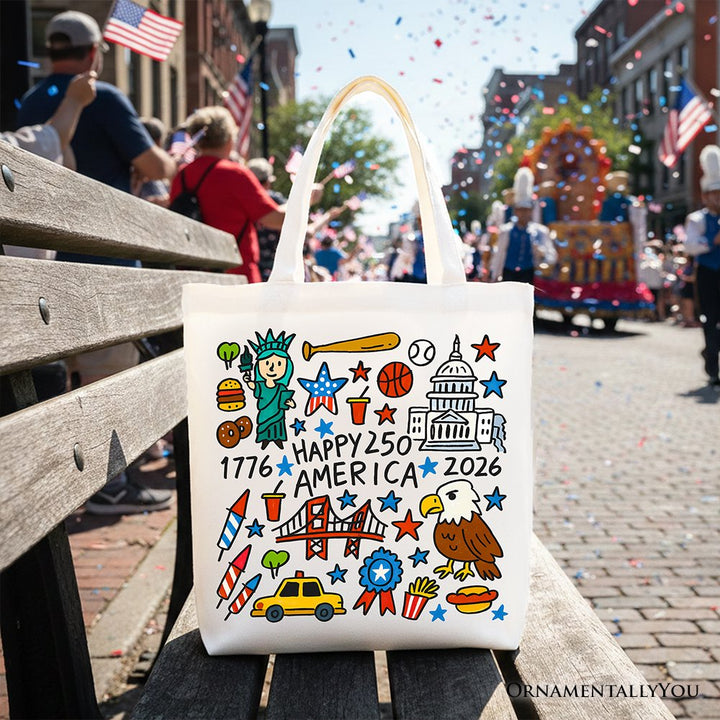Happy 250 America Doodle Tote Bag, Patriotic USA 1776-2026 250th Anniversary Gift Shopper Tote Bag OrnamentallyYou White 