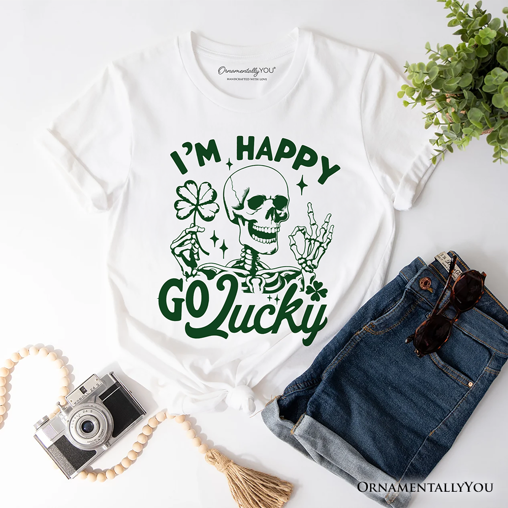 Happy Go Lucky Clover Skeleton St Patrick’s Day T-Shirt, Green Shamrock Vintage Tee