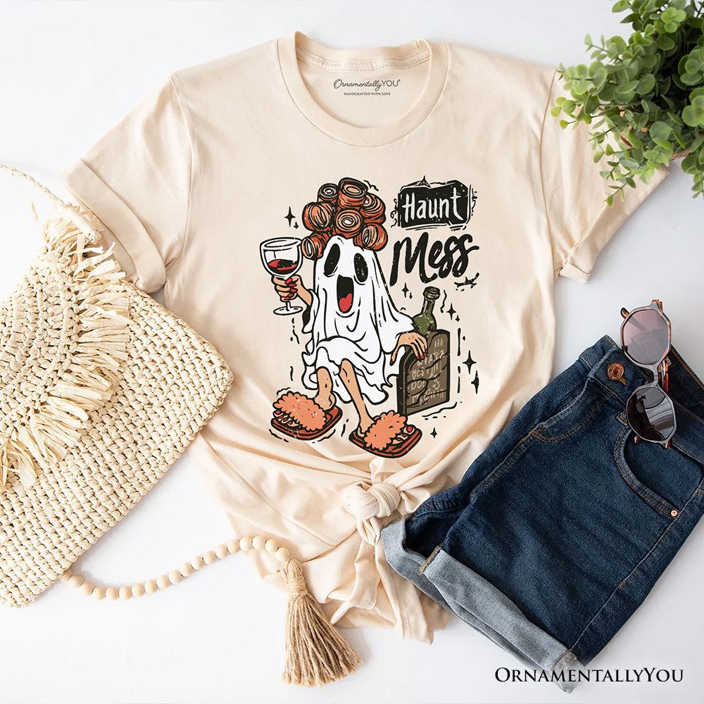 Haunt Mess Wine-Loving Ghost T-Shirt, Funny Halloween Tee with Spooky Ghost T-Shirts OrnamentallyYou Natural XS 