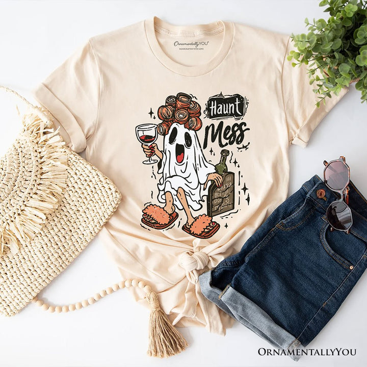 Haunt Mess Wine-Loving Ghost T-Shirt, Funny Halloween Tee with Spooky Ghost T-Shirts OrnamentallyYou Natural XS 