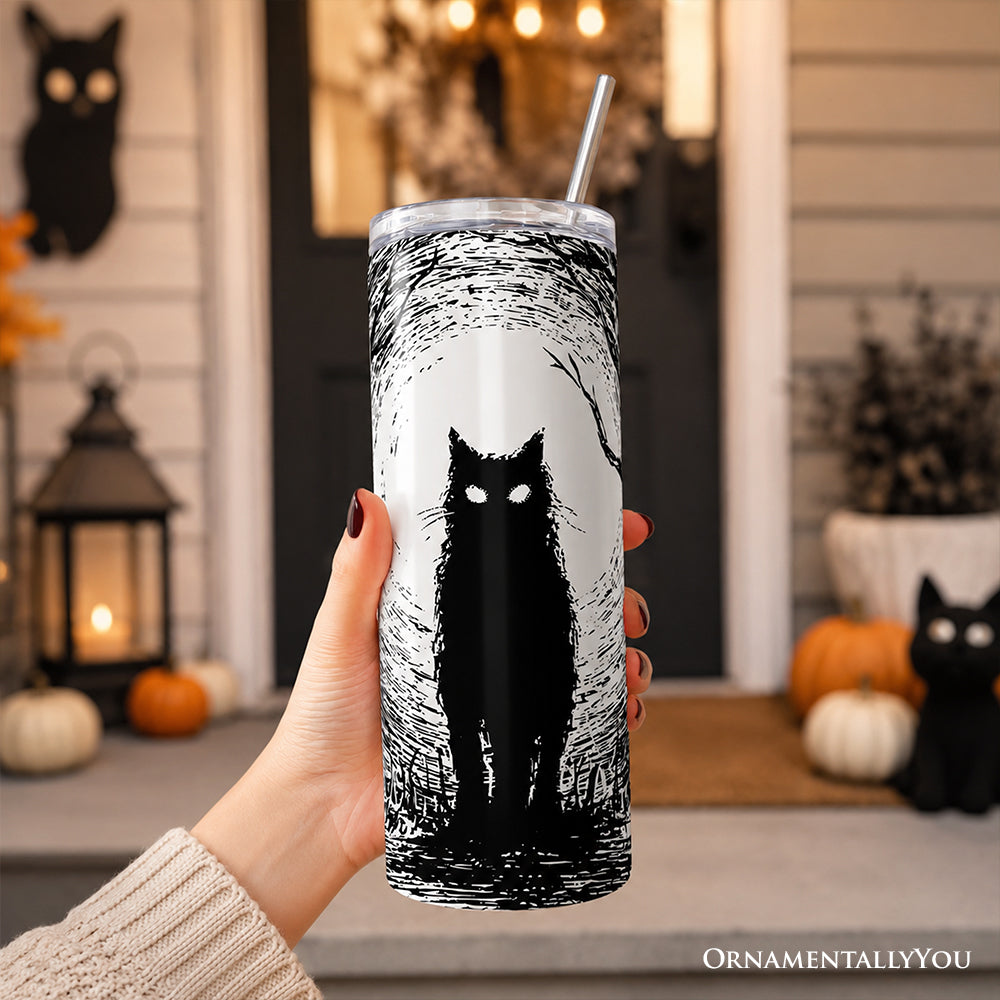 Haunted Forest Black Cat 20oz Personalized Tumbler With Lid and Stainless Steel Straw, Spooky Halloween Night Gift Cup