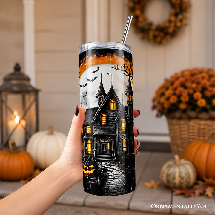 Haunted House Night Halloween 20oz Personalized Tumbler With Lid and Stainless Steel Straw, Spooky Horror Gift Cup