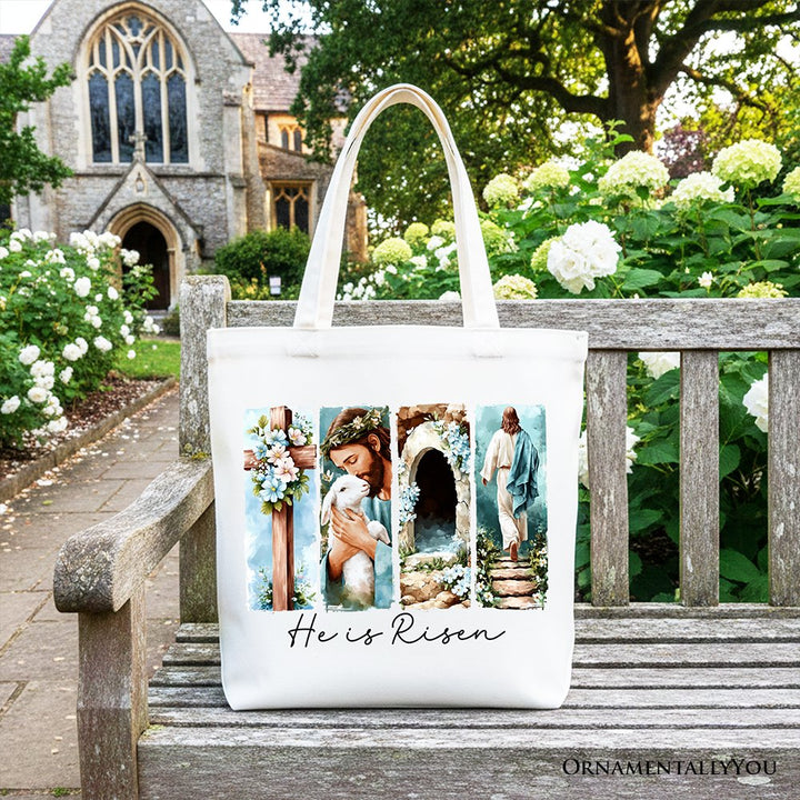 He Is Risen Christian Brushstroke Canvas Tote Bag, Festive Easter Gift Shopper Tote Bag OrnamentallyYou White 