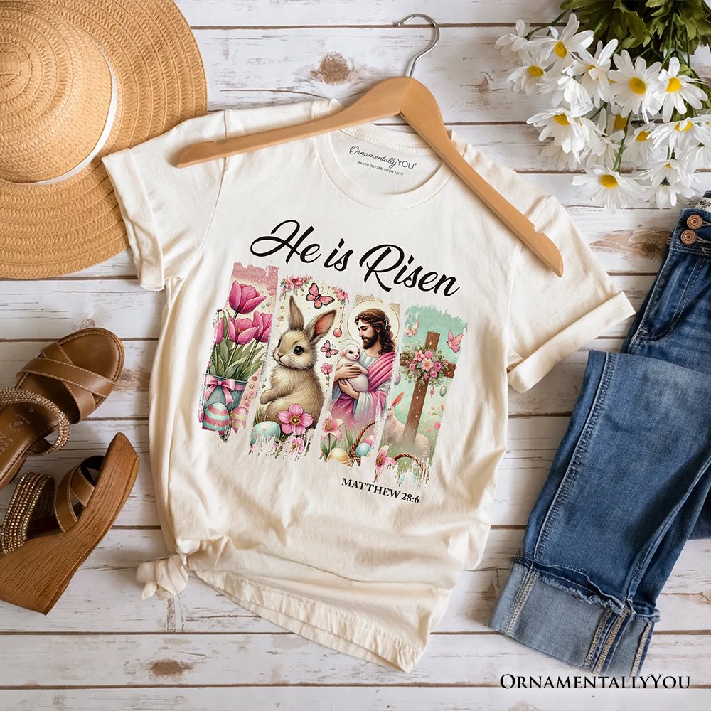 He Is Risen Easter Jesus T-Shirt, Matthew 28:6 Christian Tee for Believers T-Shirts OrnamentallyYou Natural XS 