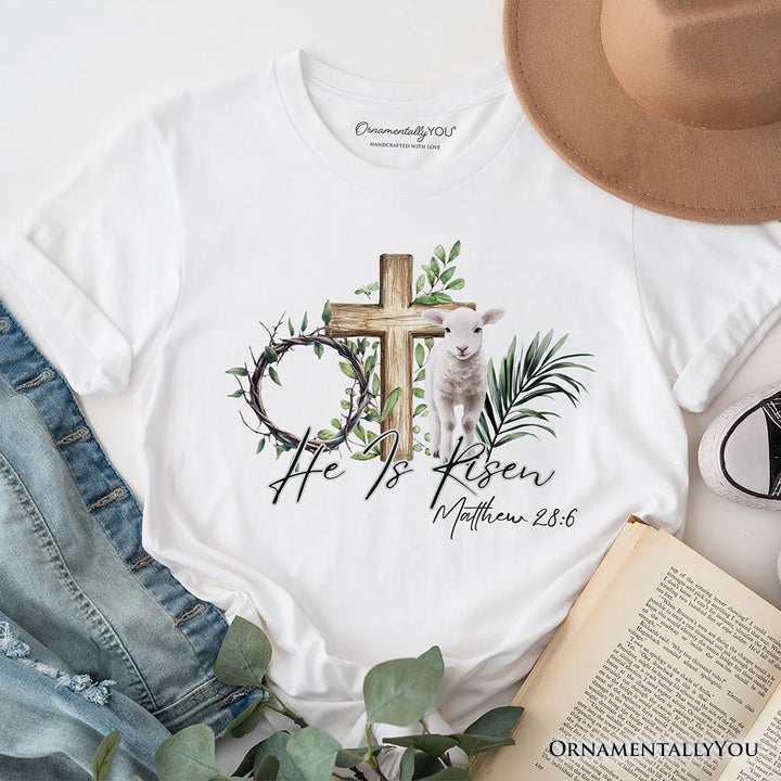 He Is Risen Lamb Cross Christian Easter T-Shirt, Bible Verse Matthew 28:6 Tee T-Shirts OrnamentallyYou White XS 