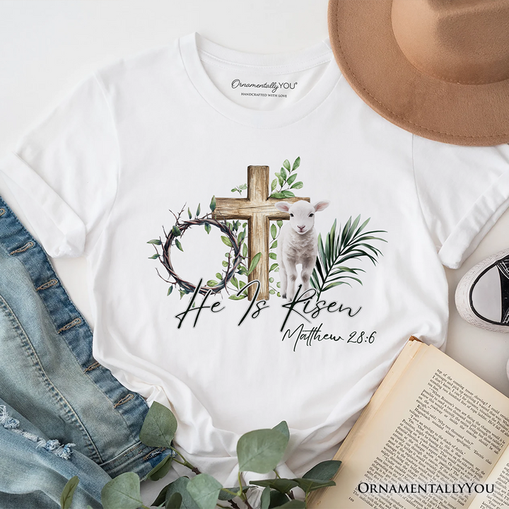 He Is Risen Lamb Cross Christian Easter T-Shirt, Bible Verse Matthew 28:6 Tee