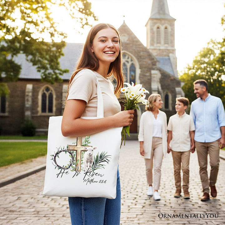 He Is Risen Lamb Cross Christian Easter Tote Bag, Bible Verse Matthew 28:6 Gift Shopper Tote Bag OrnamentallyYou 