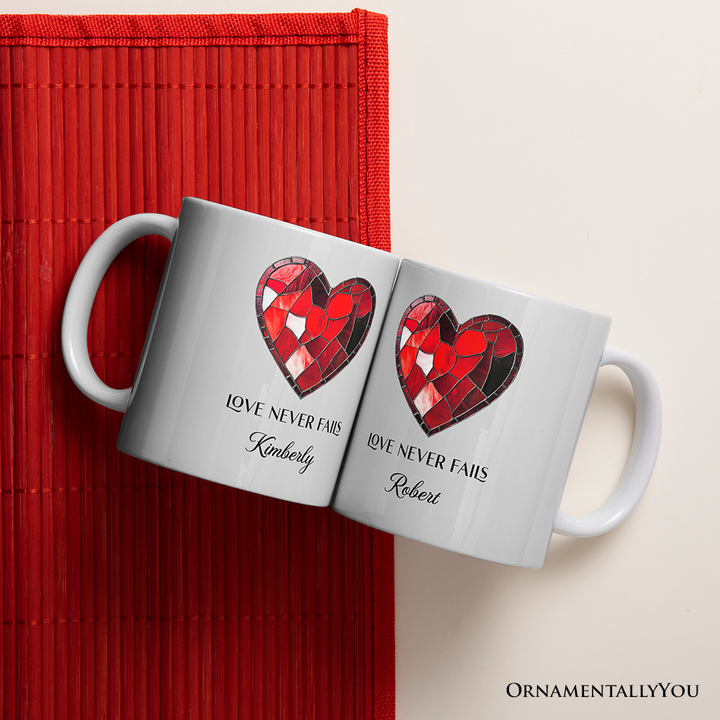 Heart Stained Glass Personalized Mug, Love Never Fails Custom Names Gift