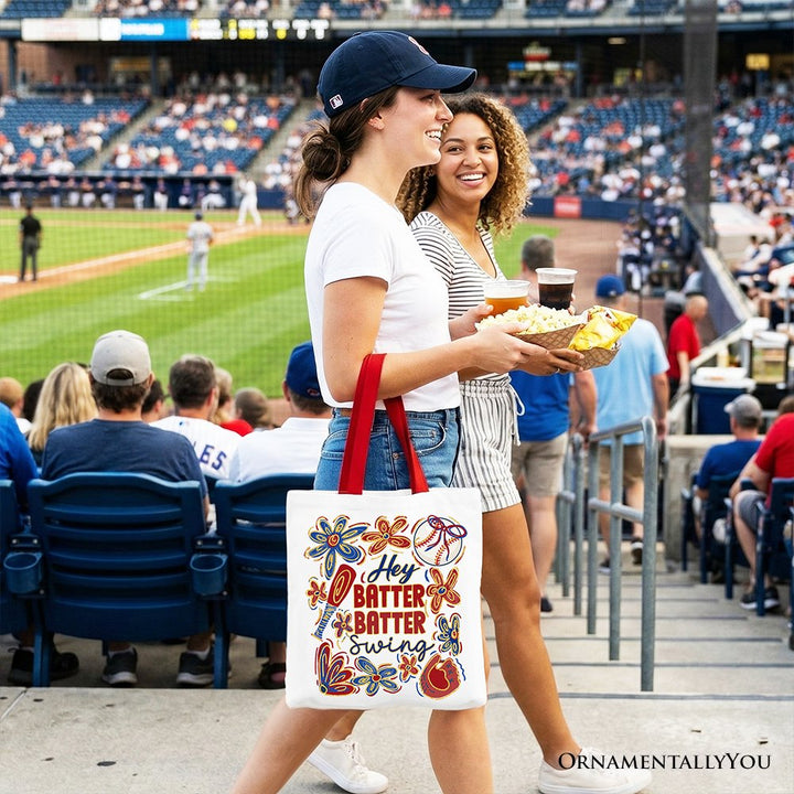 Hey Batter Batter Swing Tote Bag, Retro White and Natural Baseball Gift Shopper Tote Bag OrnamentallyYou 