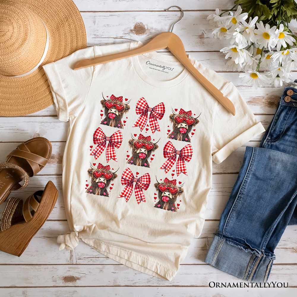 Highland Cow Coquette Bow Valentine T-Shirt, Cute Hearts Western Tee