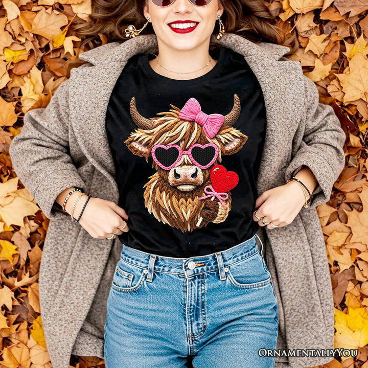 Highland Cow Faux-Yarn Valentine T-Shirt, Cute Knit Coquette Tee T-Shirts OrnamentallyYou 