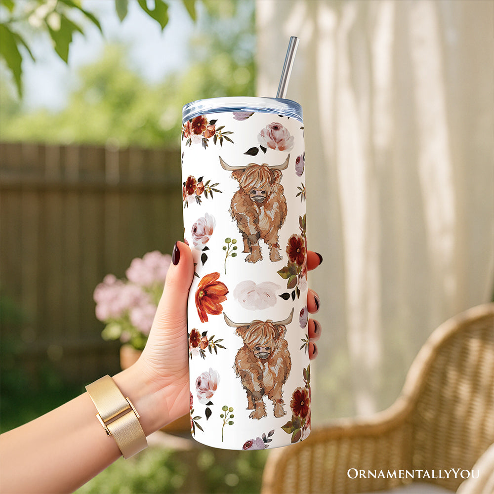 Highland Cow Floral 20oz Personalized Tumbler With Lid and Stainless Steel Straw, Chic Western Farmhouse Gift Cup