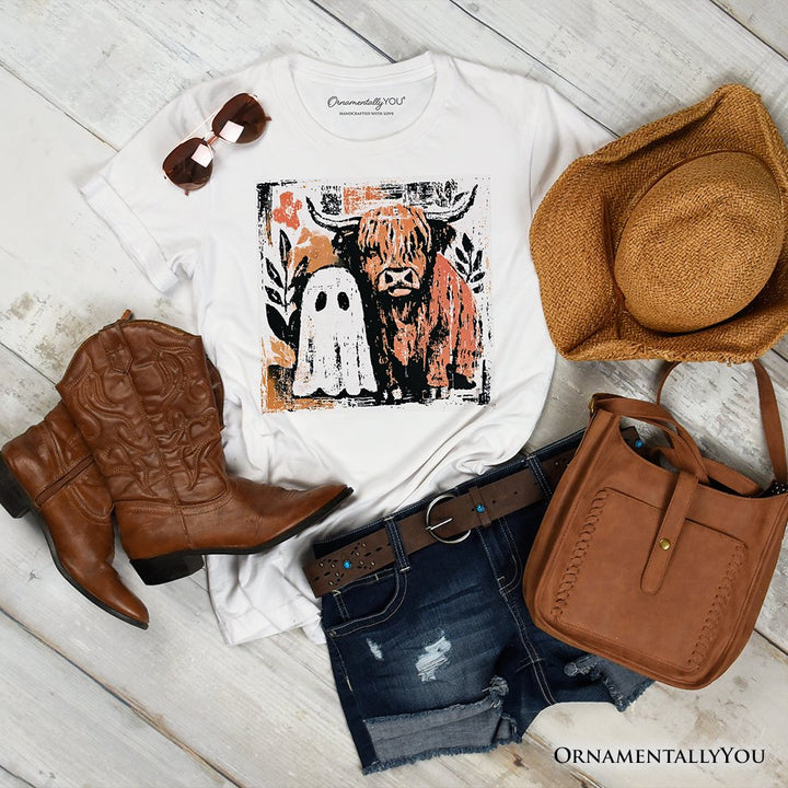 Highland Cow Ghost Fall T-Shirt, Spooky Season Halloween Tee T-Shirts OrnamentallyYou White XS 