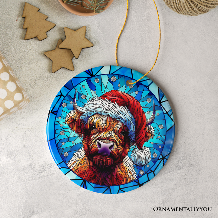 Highland Cow in Santa Hat Stained Glass Style Ceramic Ornament, Christmas Gift and Farmhouse Holiday Decor