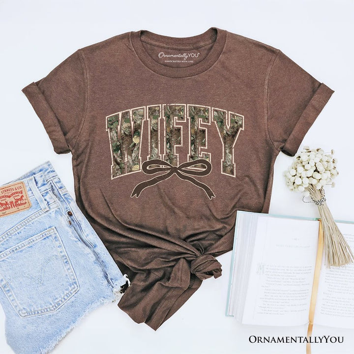 Hunting Wifey Camo Varsity T-Shirt, Country Wife Bow Tee T-Shirts OrnamentallyYou Vintage Brown XS 