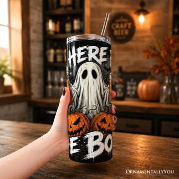 I'm Here for the Boos Ghost 20oz Personalized Tumbler With Lid and Stainless Steel Straw, Funny Halloween Beer Pumpkin Gift Cup