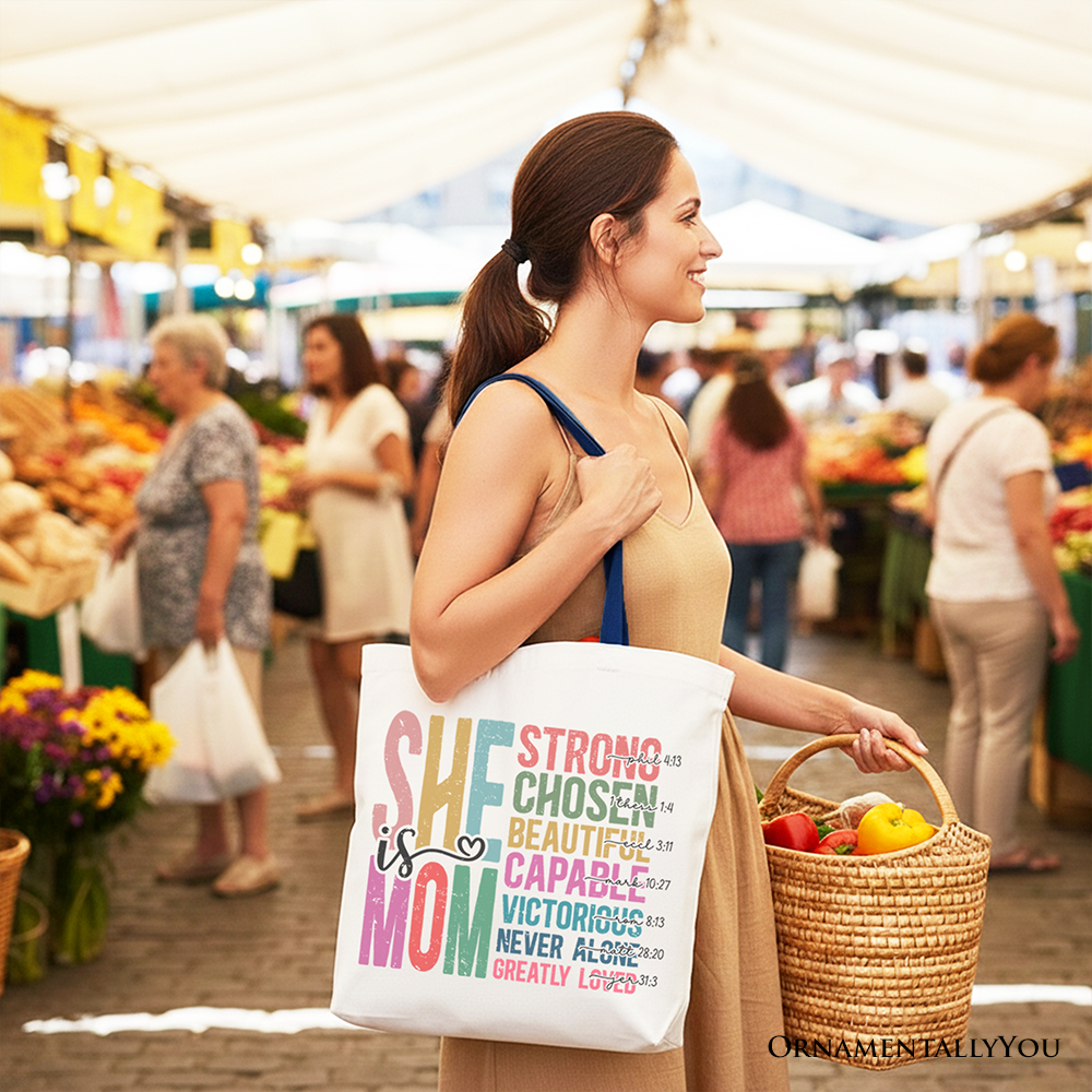 Inspirational Christian Mom Canvas Tote Bag, Affirmation Gift Shopper for Strong and Motivated Mothers
