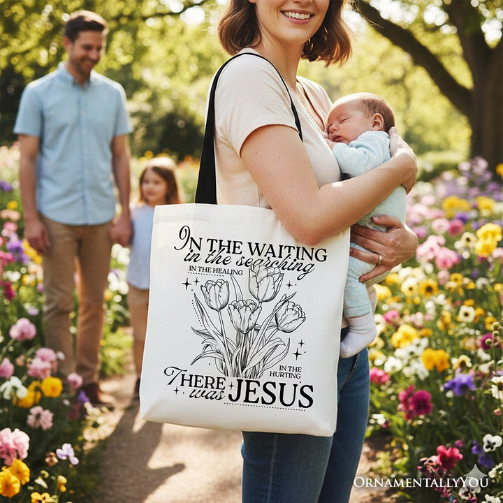 In the Waiting There Was Jesus Tote Bag, Christian Faith Floral Inspirational Gift Shopper Tote Bag OrnamentallyYou 