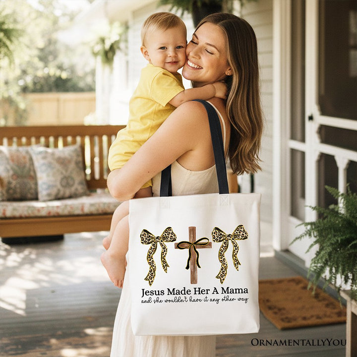 Jesus Made Her A Mama Tote Bag, Coquette Christian Leopard Bows Faith Gift Shopper Tote Bag OrnamentallyYou 