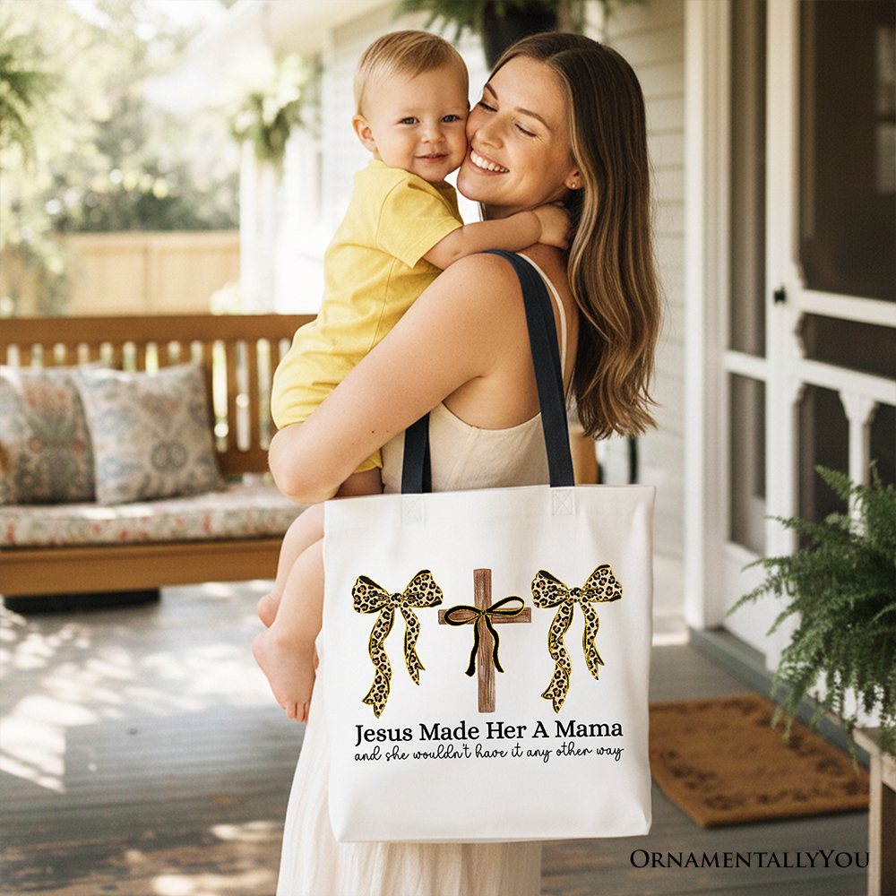 Jesus Made Her A Mama Tote Bag, Coquette Christian Leopard Bows Faith Gift Shopper