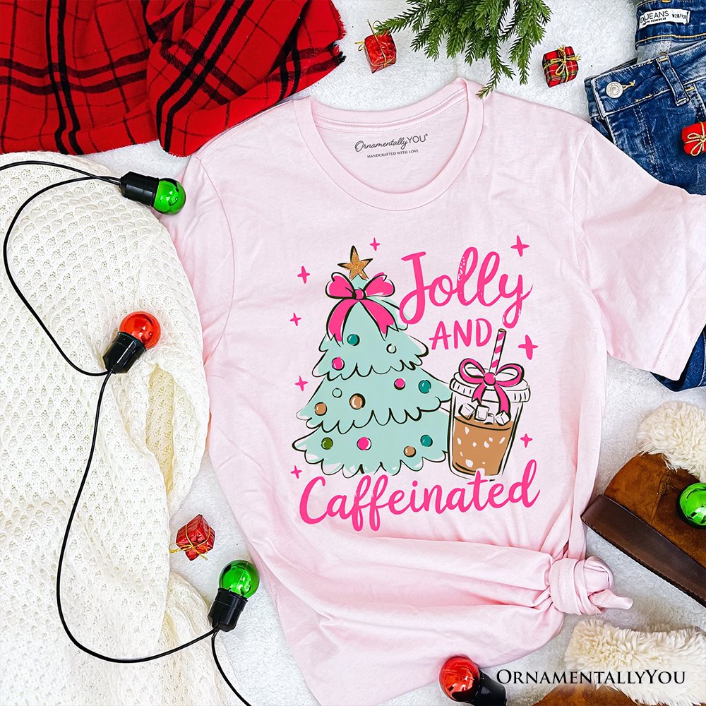 Jolly and Caffeinated Christmas Tree T-Shirt, Retro Coquette Coffee Holiday Tee T-Shirts OrnamentallyYou Soft Pink XS 