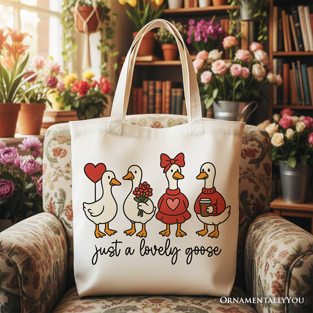 Just a Lovely Goose Valentine Canvas Tote Bag, Coquette Cute Love Printed Gift Bag