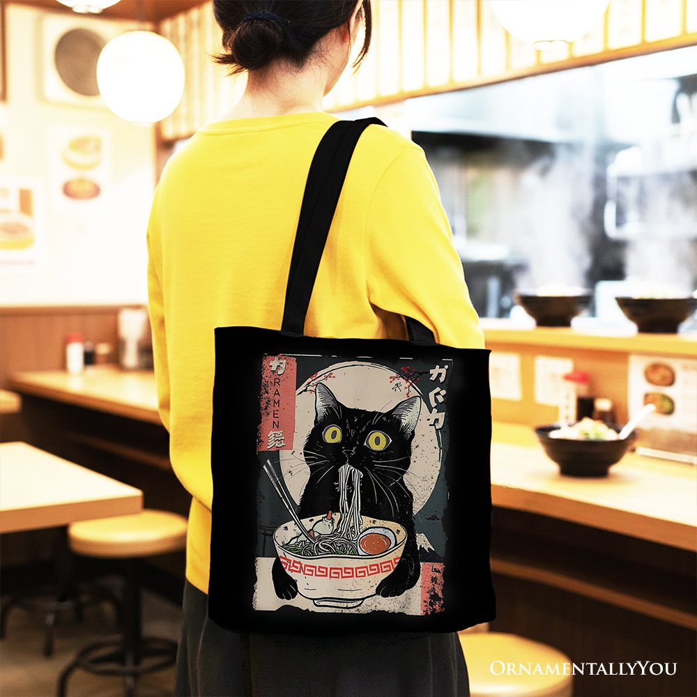 Kawaii Anime Cat Eating Ramen Canvas Tote Bag, Noodle Japanese Art Style Gift Bag Tote Bag OrnamentallyYou 