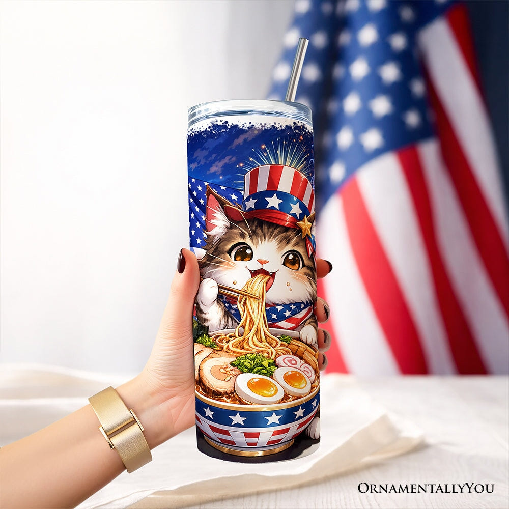 Kawaii Patriotic Ramen Maine Coon Cat 20oz Personalized Tumbler With Lid and Stainless Steel Straw, Japanese Anime Gift Cup Tumbler OrnamentallyYou 